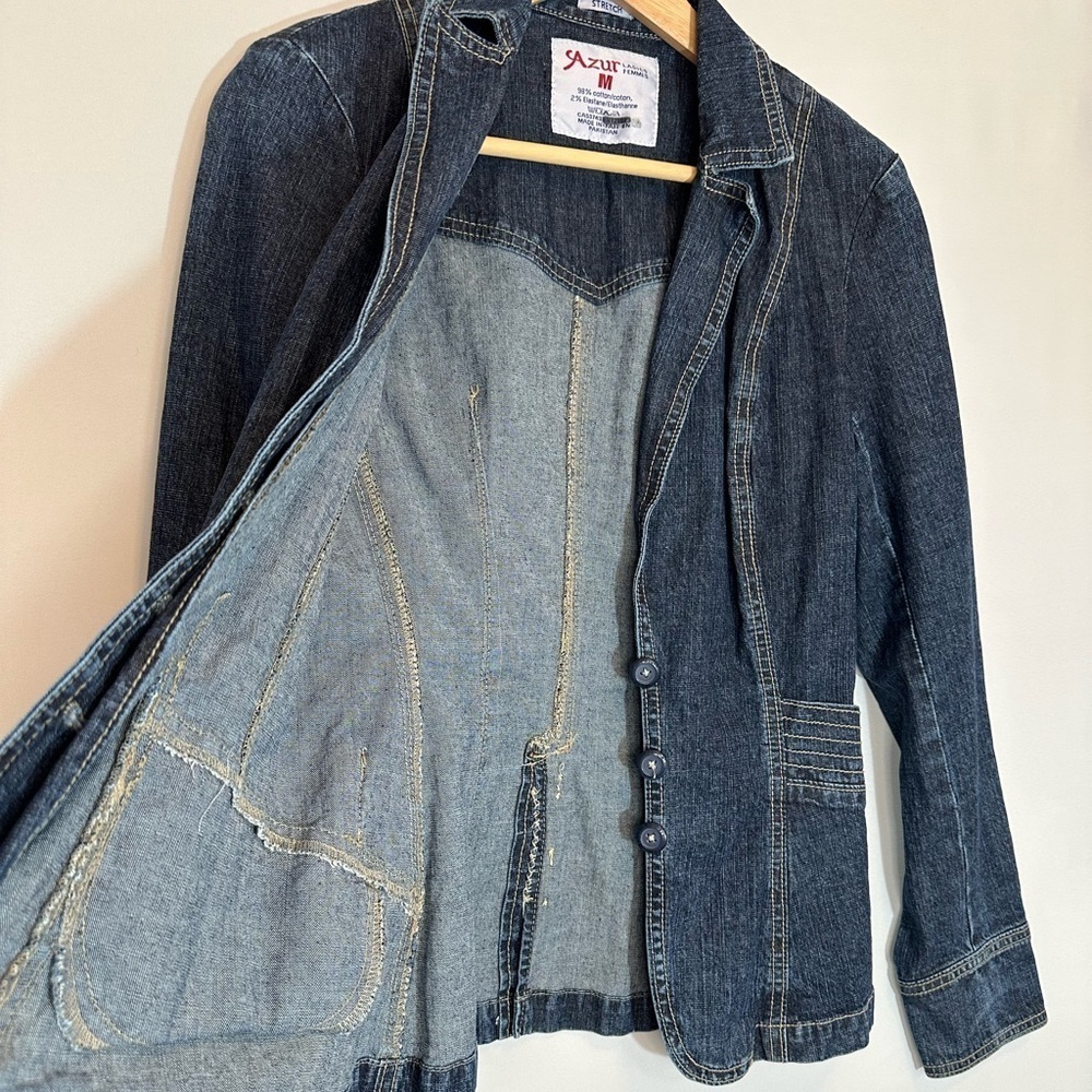 Azur Womens Size M Denim Jacket Blazer Coat Buttons Pockets Stitched Stretchy - Picture 3 of 14
